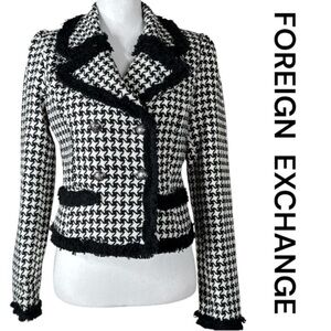 FOREIGN EXCHANGE Houndstooth Wool Blend Blazer w/Pockets & Fringe Trim, Size L.